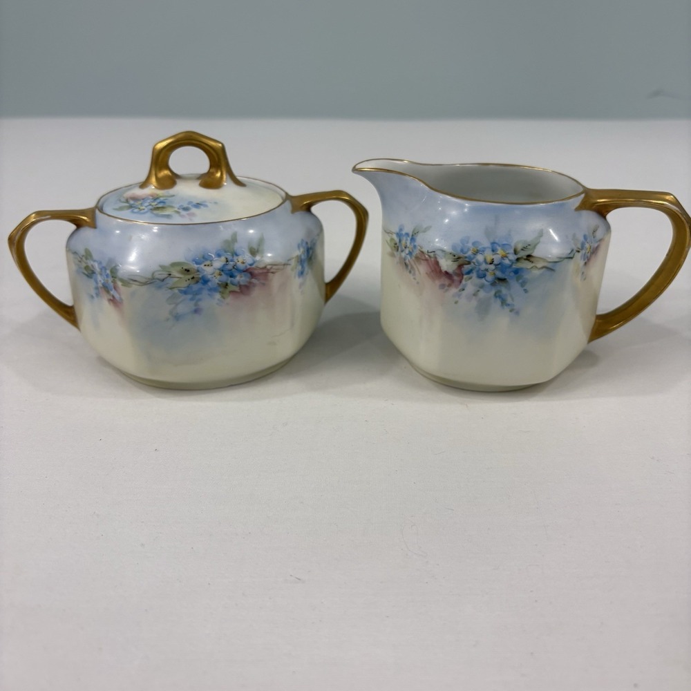 Z S & Co Bavaria Hand Painted Floral Gold Sugar Bowl With Lid & Creamer Antique